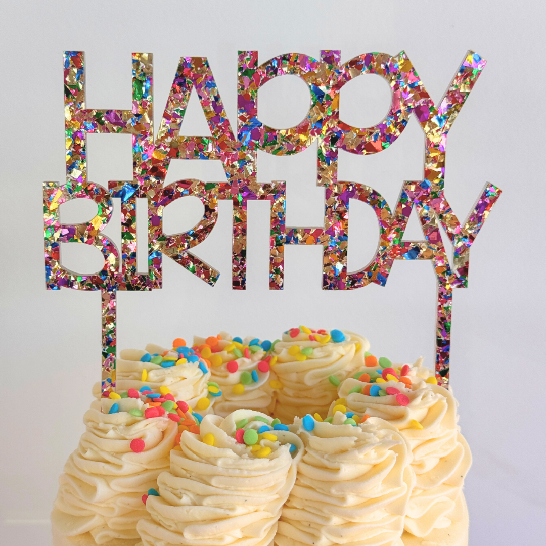 Rainbow Confetti 'Happy Birthday' Acrylic Cake Topper - The Cupcake Queens