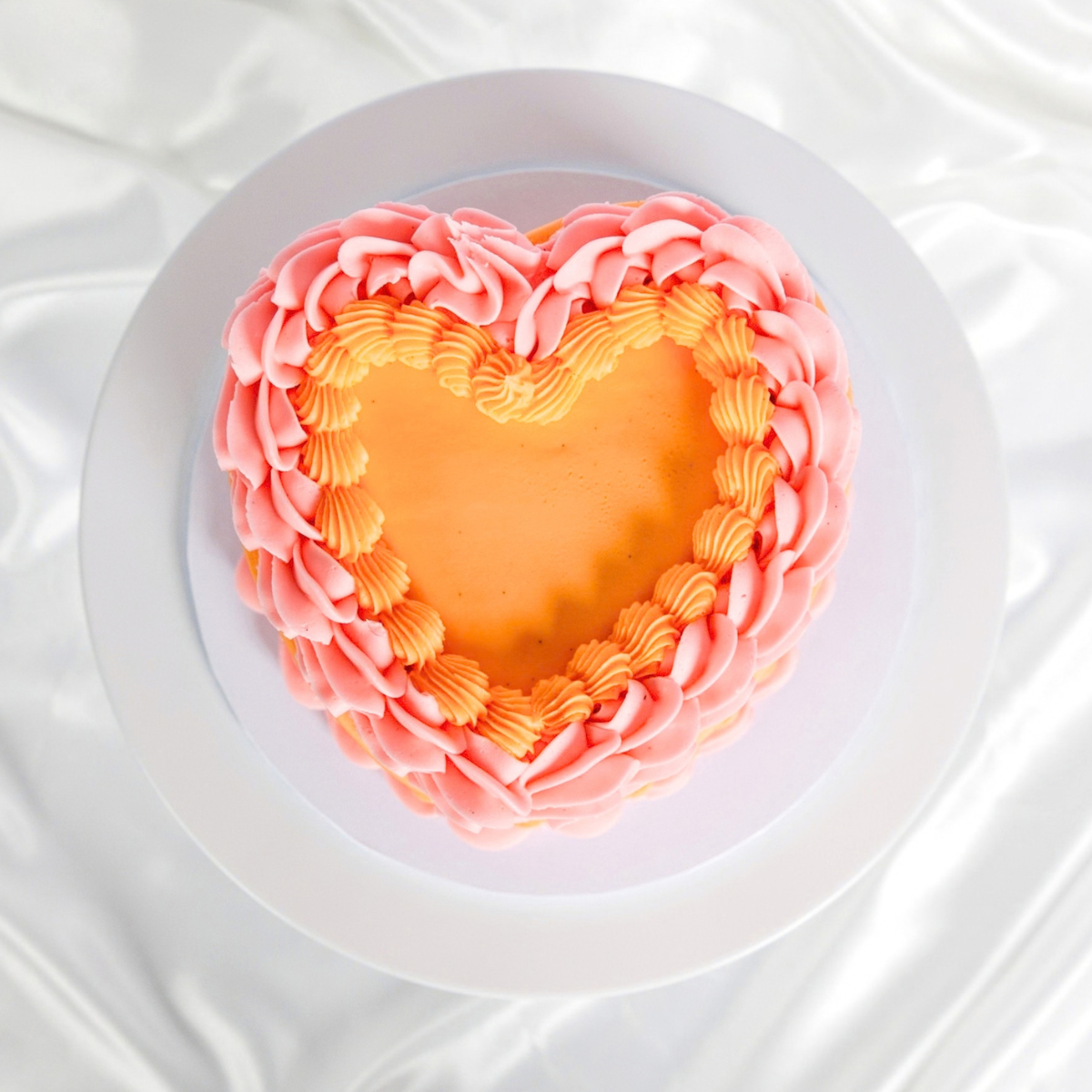 Two Tone Vintage Heart Cake in Orange and Pastel Pink, top view