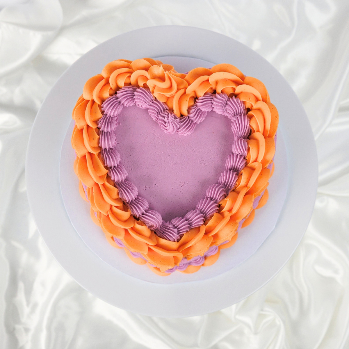 Two Tone Vintage Heart Cake in Pastel Purple and Orange, top view