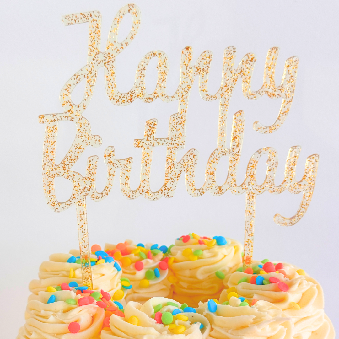 Gold Glitter 'Happy Birthday' Acrylic Cake Topper - The Cupcake Queens