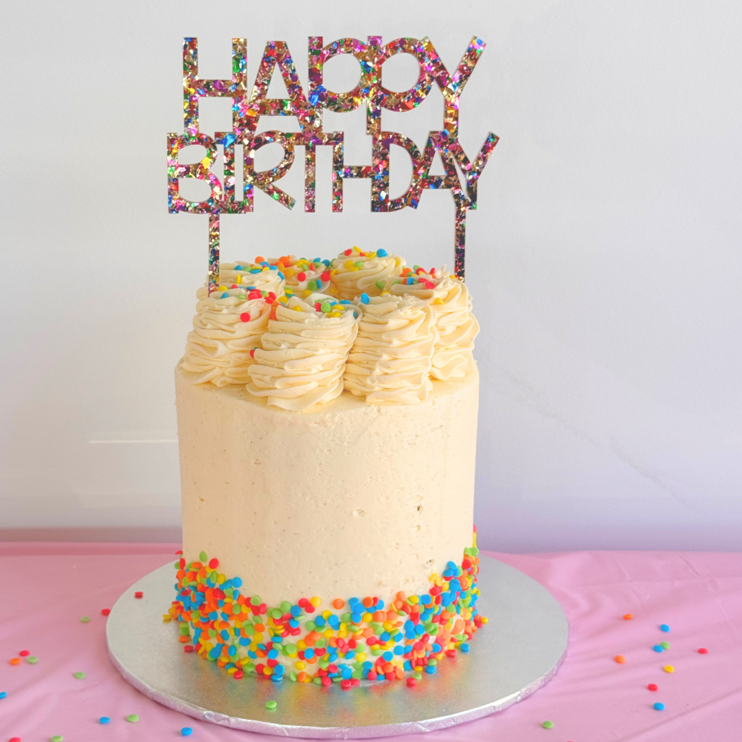 Rainbow Confetti 'Happy Birthday' Acrylic Cake Topper - The Cupcake Queens